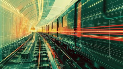 Pociąg podróżuje przez tunel wypełniony torami kolejowymi. Styl projektu architekta.  Światło z reflektorów oświetla tory, podkreślając dynamiczną podróż pociągu.