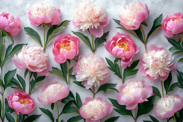 Naklejka na ściany i meble a lot of Buds of beautiful fresh peonies lie on a light milky Cyclorama, uncluttered, top view, elegance, aesthetic, style, minimalism, beauty