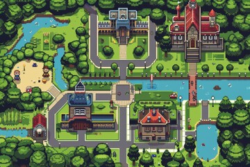 Pixelated village for game map. pixel map in the game. pixelated village maps in the game. Pixel art concept of village. Abstract pixelate landscape background.