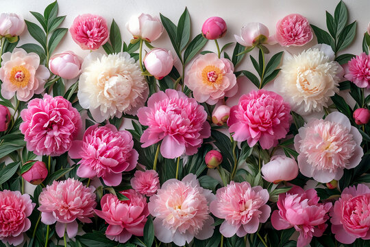 a lot of Buds of beautiful fresh peonies lie on a light milky Cyclorama, uncluttered, top view, elegance, aesthetic, style, minimalism, beauty