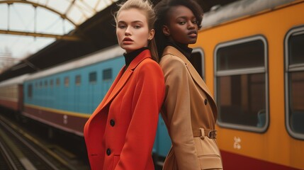 Dwie różnorodne kobiety stoją obok siebie przed pociągiem, pozując w stylu vintage, retro. Są pewne siebie. - obrazy, fototapety, plakaty