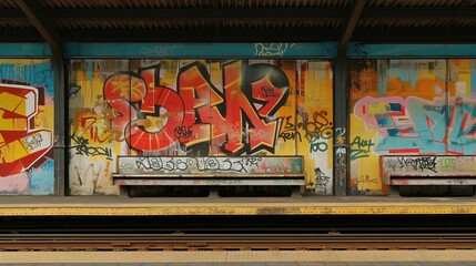 Na obrazie widać dworzec kolejowy z ławkami retro, którego ściany pokryte są kolorowymi graffiti. Grafitti są wyraźne i różnorodne, tworząc interesujący widok na tle szarych torów. - obrazy, fototapety, plakaty