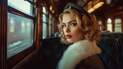 Kobieta ubrana s tylu 40s siedząca w pociągu i patrząca w kamerę z oburzeniem. - obrazy, fototapety, plakaty