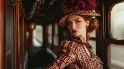 Kobieta w pasiastej sukience i kapeluszu lat 50s stoi w korytarzu pociągu i pozuje do kamery