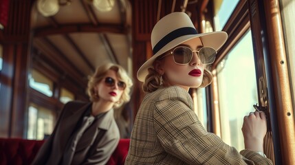 Kobieta w kapeluszu i okularach przeciwsłonecznych w pociągu - obrazy, fototapety, plakaty