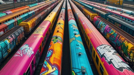 Na stacji kolejowej widzimy widok z góry na różnorodne tęczowe pociągi, każdy w innej odcieni. Tapeta HD - obrazy, fototapety, plakaty