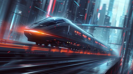 Futurystyczny pociąg podróżujący przez miasto w dzień. Wokół widać wieżowce