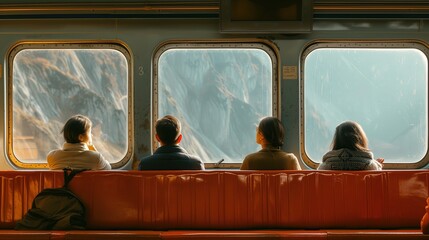 Grupa ludzi siedzi na czerwonej ławce w pociągu, patrzą na górę