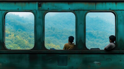 Dwóch hindusów siedzi wygodnie opierając się o pojedynczą ścianę pociągu, Tapeta pokazuje abstrakcyjne zdjęcie o podróżach i poznawaniu świata. - obrazy, fototapety, plakaty