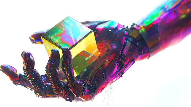 A cybernetic hand clenching a holographic cube with vibrant colors on white surface
