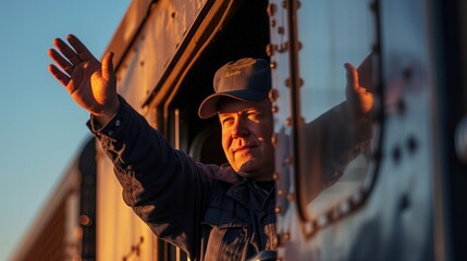 Mężczyzna w czapce z daszkiem machający z okna pociągu - obrazy, fototapety, plakaty