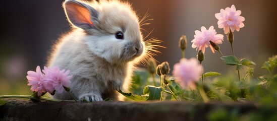 A small rabbit is sitting in the green grass next to colorful flowers. The rabbit appears to be smelling one of the flowers, showcasing a moment of curiosity and exploration in a natural setting.