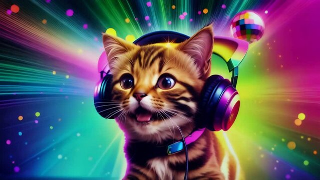 Kitten Listening to Music With Disco Ball Generative AI
