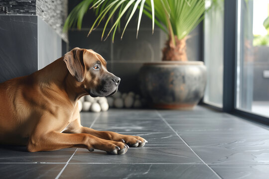 Purebred dog on a marble floor with a flower