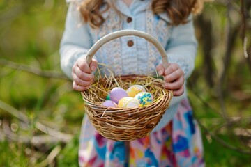 Fototapeta na wymiar A child is holding a basket with Easter eggs, close up