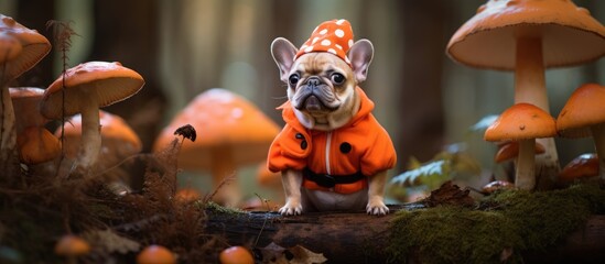 A small French Bulldog stands among the mushrooms in an orange jacket in the midst of a forest. The dog looks curious and alert as it explores the woodland floor full of colorful fungi.