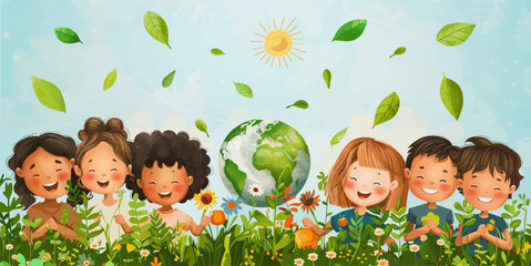 Happy Earth Day. Children's cute  illustration of kids of different nationalities and races care about the ecology of planet Earth and the environment. Hand drawn illustration for banner, greeting  - 754609446