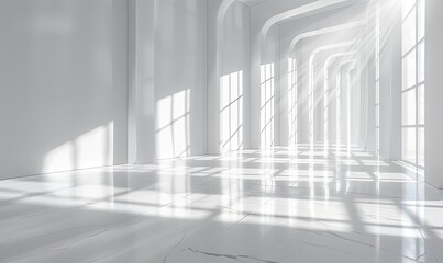 White room with diagonal white rays of sun, reflections and refractions, neutral white background