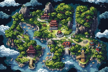 Obraz premium Pixelated village for game map. pixel map in the game. pixelated village maps in the game. Pixel art concept of village. Abstract pixelate landscape background.