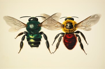 illustration of two bees colourful yellow,red,green