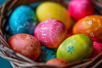 Fototapeta na wymiar Close up colorful Easter eggs in a basket. Happy Easter