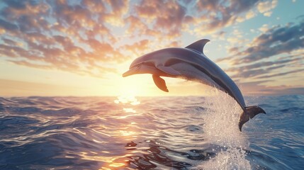 bottlenose dolphin jump over ocean surface against sunlight dusk or dawn beautiful background generative ai