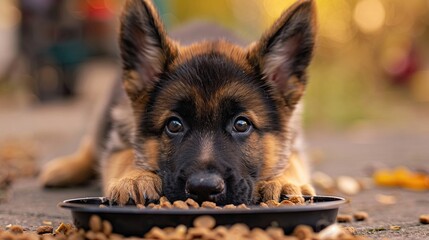 cute baby german shepherd dog looking straight at the camera dog food tray in front of it happy dog