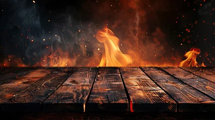 Papier Peint photo Lavable Feu vintage wooden table top with smoldering fire flames in dark atmosphere abstract heat background for warmth and rustic ambiance