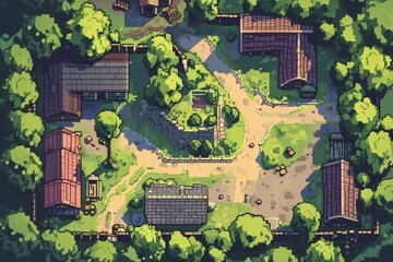 Pixelated village for game map. pixel map in the game. pixelated village maps in the game. Pixel art concept of village. Abstract pixelate landscape background.