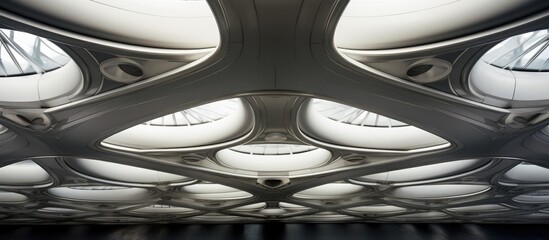 The black and white image showcases the intricate design of a modern, futuristic steel ceiling in a building. The contrast between the dark and light colors highlights the geometric patterns and sleek