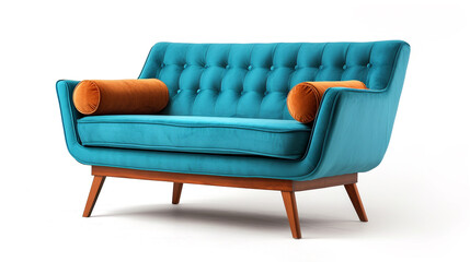 a single-seat mid-century modern sofa in a vibrant color, against a white background