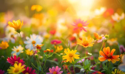 Tuinposter Weide  spring or summer garden background in closeup macro view or flowers meadow field in morning light, Generative AI 