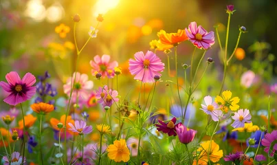 Wall murals Meadow, Swamp  spring or summer garden background in closeup macro view or flowers meadow field in morning light, Generative AI 