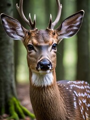 close up shot of a deer in the forest in the background.
