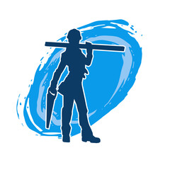 Silhouette of a carpenter woman carrying wood boards and hacksaw tool
