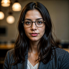 Fototapeta na wymiar headshot portrait of young professional woman wearing glasses at shop blurry background