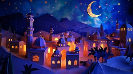A papercraft scene of a traditional Islamic village in the desert, with paper houses and mosques, under a starry paper night sky, wide shot to capture the entire paper village - 754611290