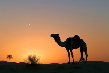 A single camel silhouetted against a desert sunrise,