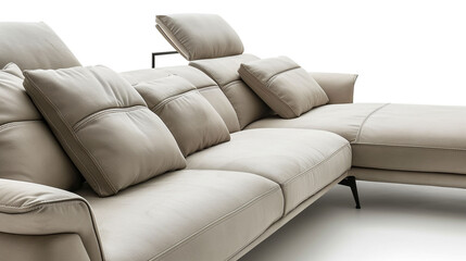 a sleek leather sofa in grey white color with chrome legs, skillfully displayed on a white surface