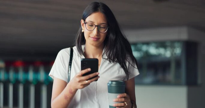 Walking, phone and business woman in city with coffee on morning commute for work, career and job. Travel, professional and person with drink on smartphone for social media, networking or online chat