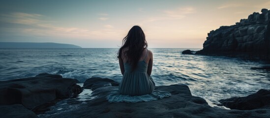 A sad woman is seated on a rock, looking out at the calm sea. Her eyes are fixed on the endless expanse of water, lost in thought and contemplation. - obrazy, fototapety, plakaty
