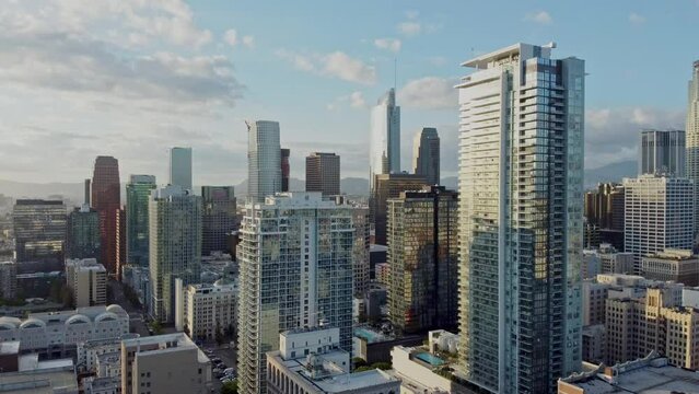 DownTown Los Angeles Skyline, drone pan from left to right