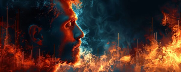 A man's face is surrounded by fire and smoke - obrazy, fototapety, plakaty