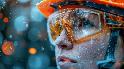 A woman wearing an orange helmet and goggles is looking at the camera