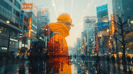 A man in a yellow jacket is walking down a city street with a backpack - obrazy, fototapety, plakaty