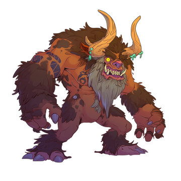 An illustration of a brown bugbear with horns and yellow eyes