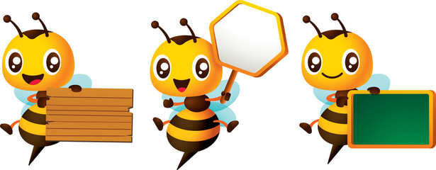 Cartoon cute bee hold signboard variation mascot set. Cute bee carries wooden, honeycomb-shaped signboard and blackboard - obrazy, fototapety, plakaty