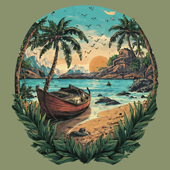 Summer Vibes fashion Vector T-shirt design for men and women with beach, boat and palm tree.