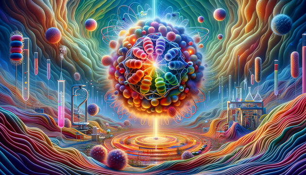 Vibrant surreal proteome illustration showcasing the wonders of proteomics.