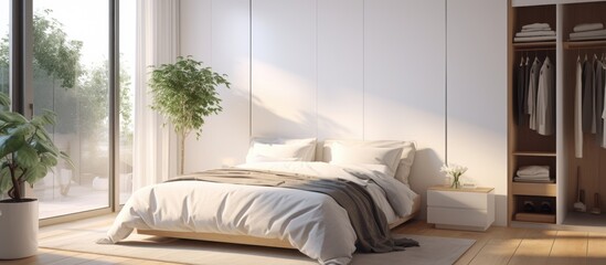 This is a minimalist bedroom featuring a bed adorned with pillows and a blanket. In the corner stands a lush plant, adding a touch of greenery to the modern apartment space.